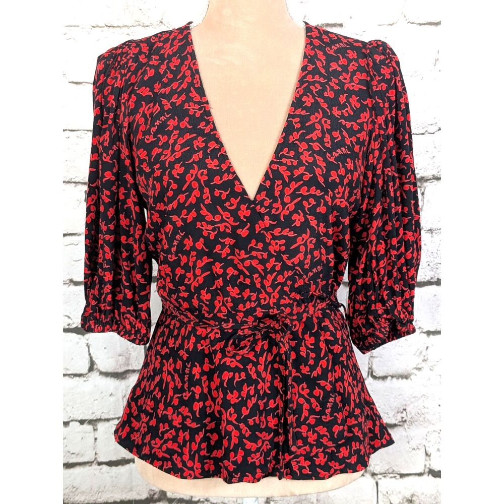 GANNI Floral Logo Spellout Crepe Wrap Top Cottage Feminine Designer Euro 38 US 6